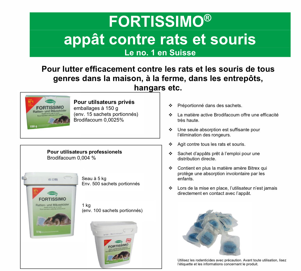APPÂTS CONTRE RATS ET SOURIS / 150 G FORTISSIMO INSECTICIDES.CH